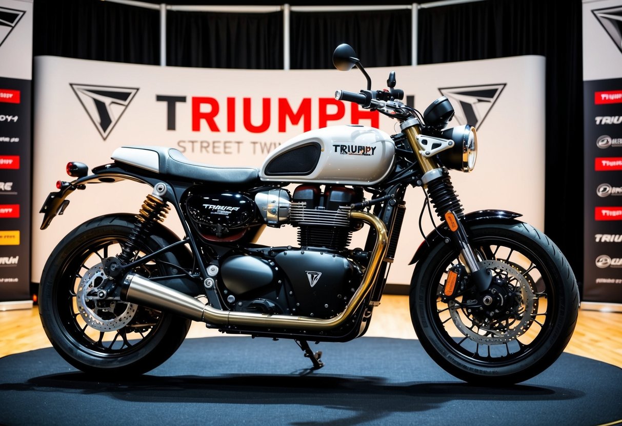 A sleek Triumph Street Twin motorcycle on display at a promotional event, surrounded by banners and signage