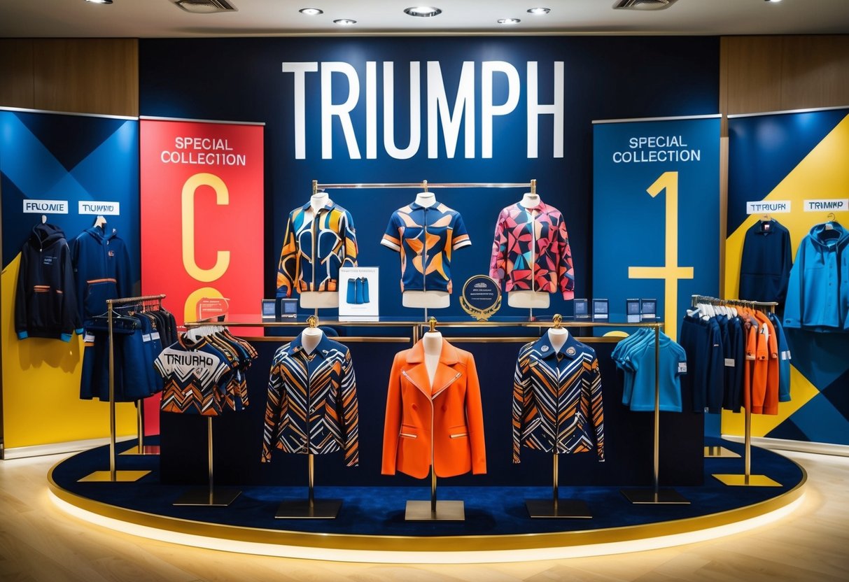 A vibrant display of the Special Triumph Clothing Collection, featuring bold patterns and sleek designs, with promotional banners and exclusive items showcased