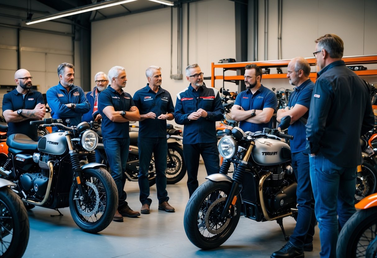 A group of motorcycle enthusiasts gather in a well-lit workshop, surrounded by tools and Triumph motorcycles. A knowledgeable expert leads a discussion, sharing insights and tips with the attentive audience