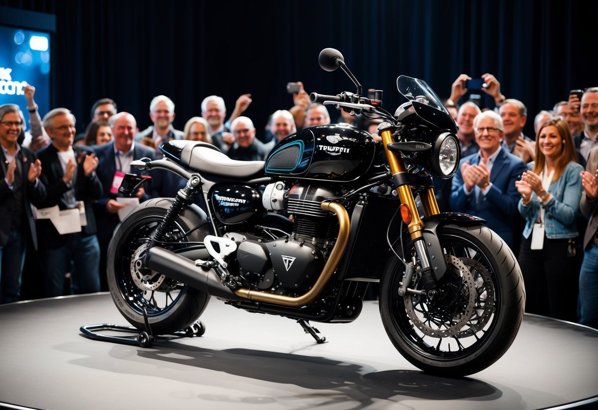 A sleek, black Triumph Thruxton RS Special Edition motorcycle is unveiled amidst a crowd of excited onlookers at a promotional event