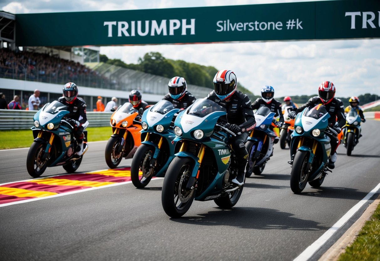 A group of Triumph motorcycles gather at Silverstone for a fun day event, with riders enjoying the track and promotional activities
