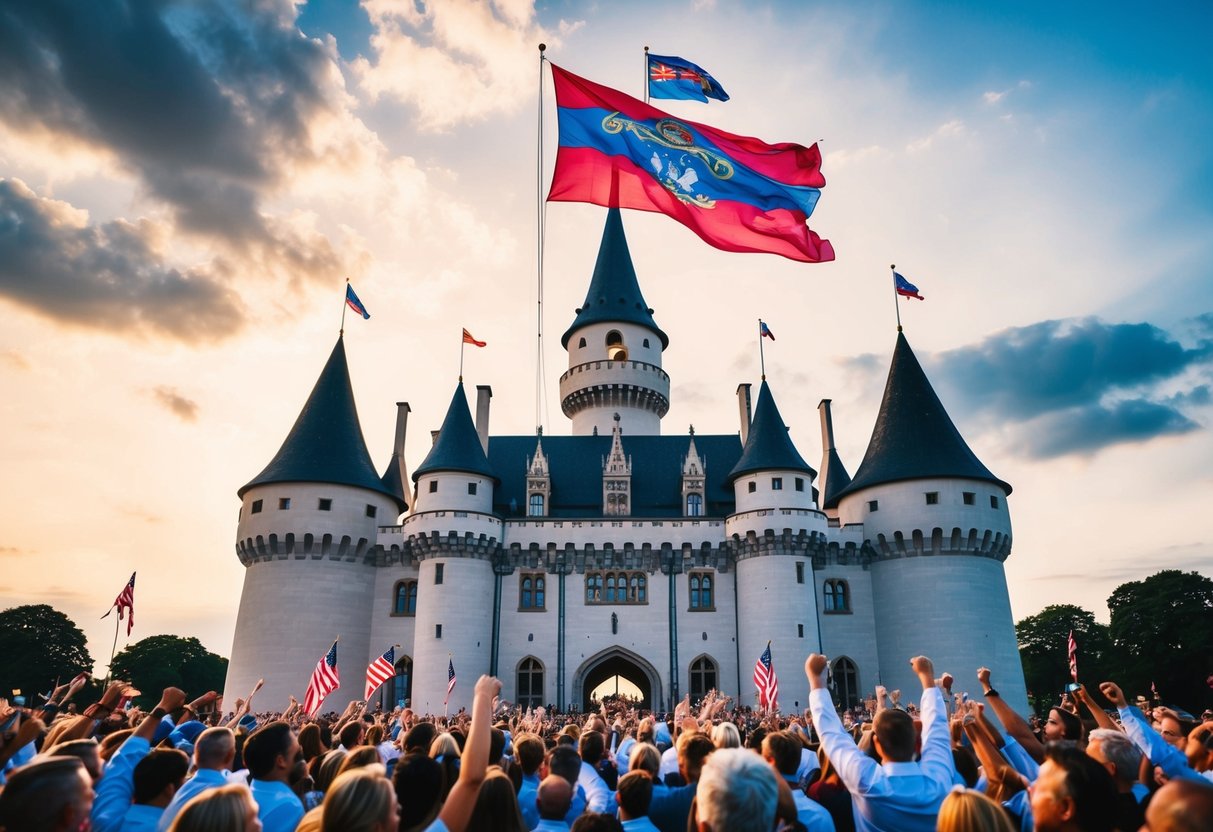 A grand castle with a triumphant banner flying high above the turrets, surrounded by cheering crowds and a sense of victory in the air