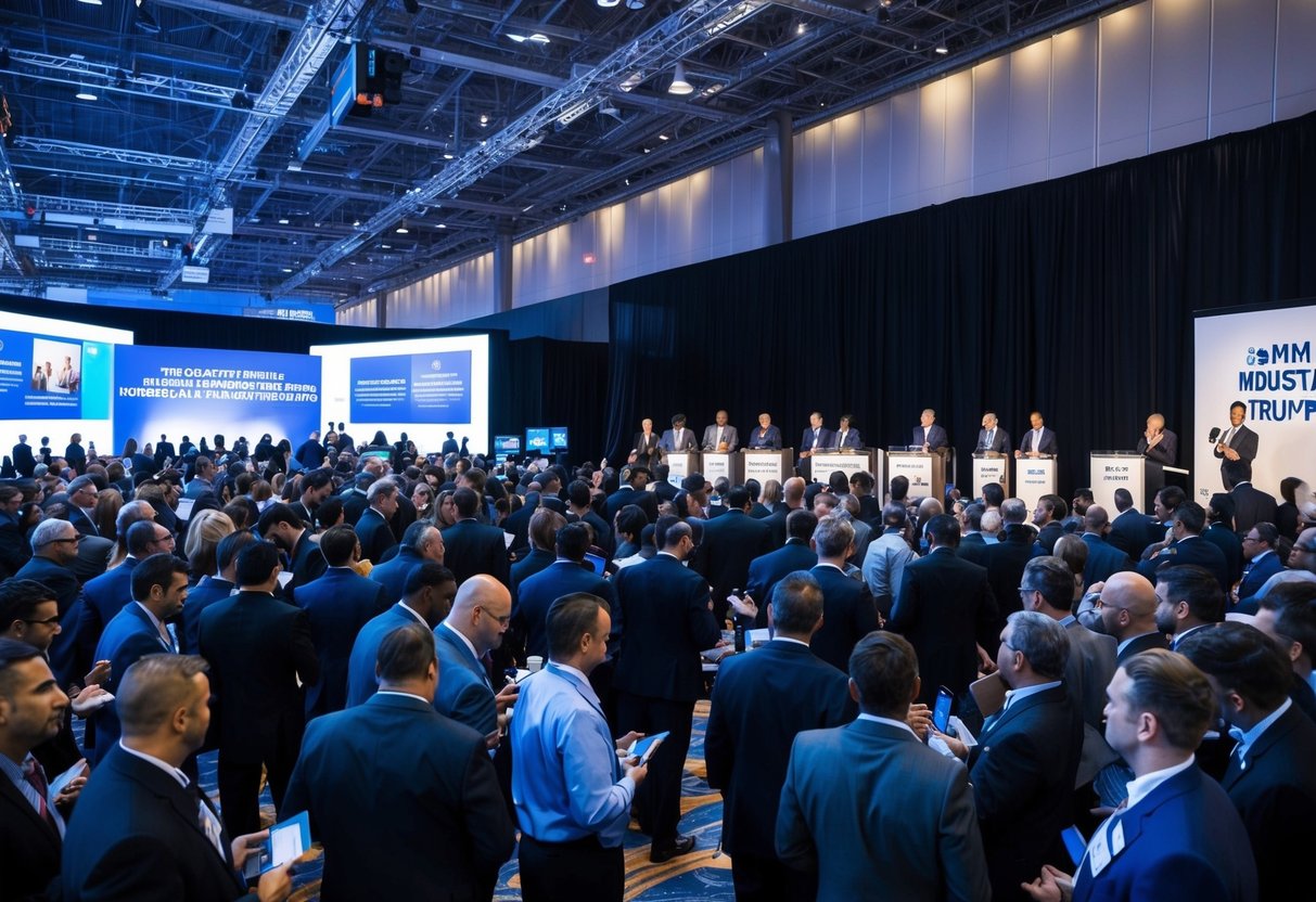 A crowded convention center with banners and booths, people networking and exchanging business cards, and a stage with speakers discussing industry triumphs