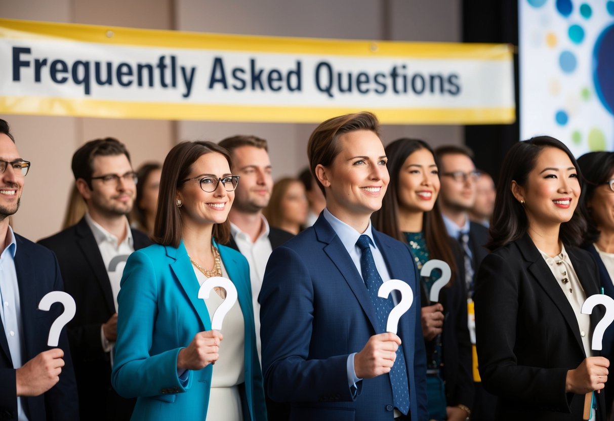 A line of people at a promotional event, each holding a question mark symbol. A banner with "Frequently Asked Questions" hangs above