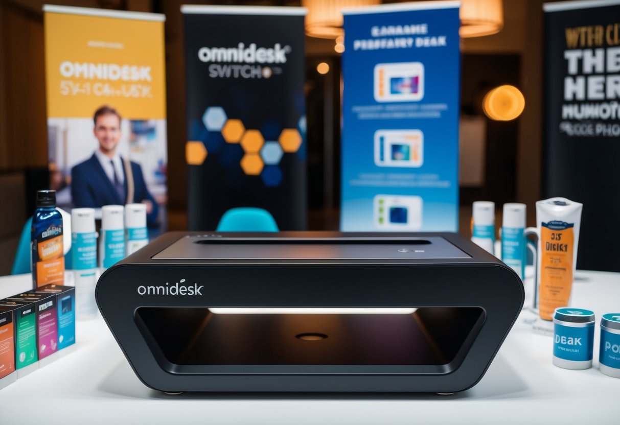 A sleek Omnidesk Switch desk surrounded by promotional items and banners