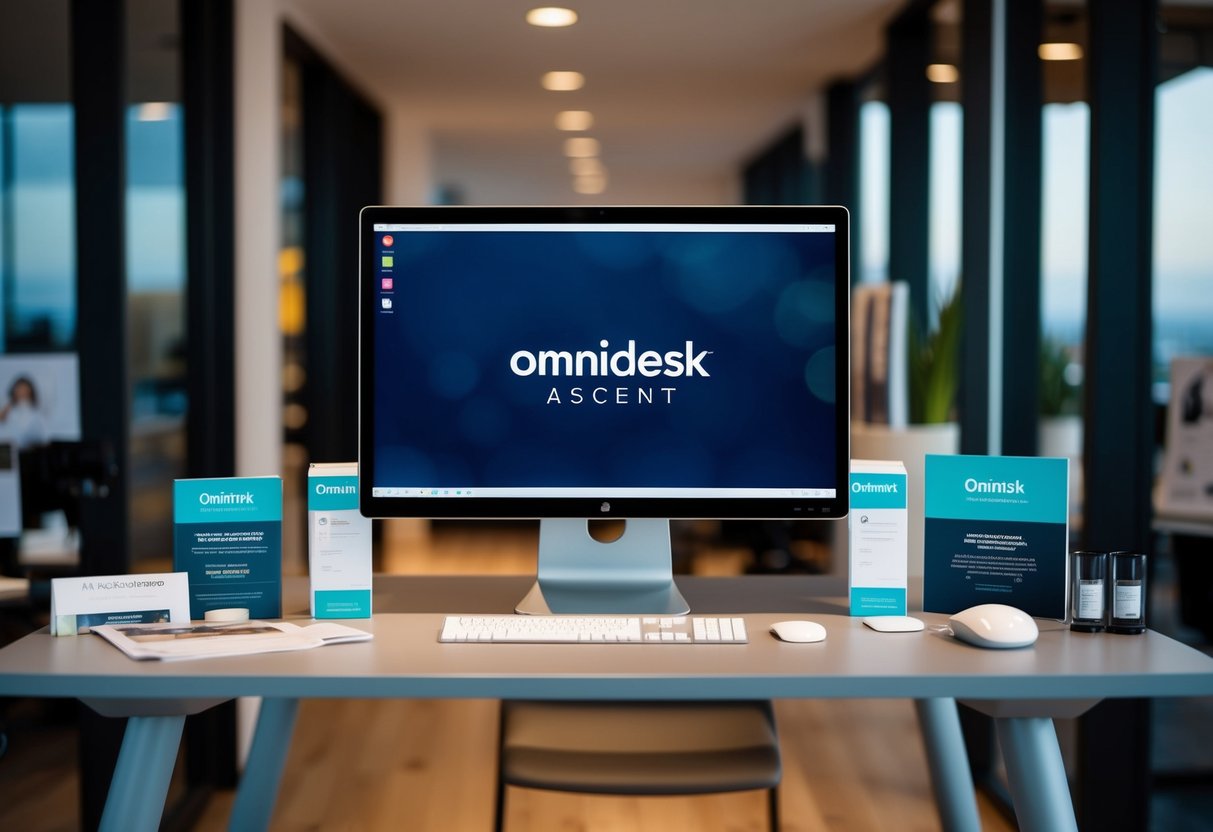 A sleek Omnidesk Ascent desk surrounded by promotional materials and accessories