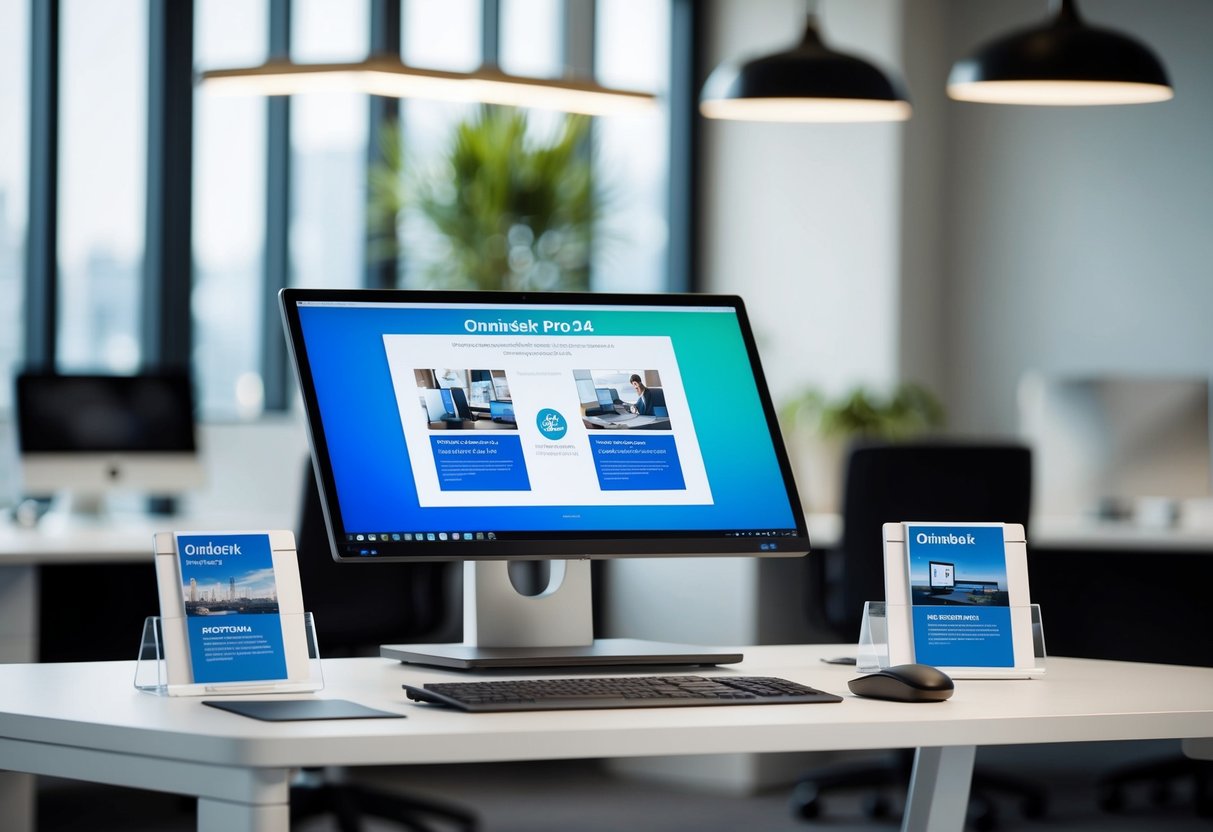 A sleek Omnidesk Pro 2024 with promotional materials displayed on a modern desk in a well-lit office setting