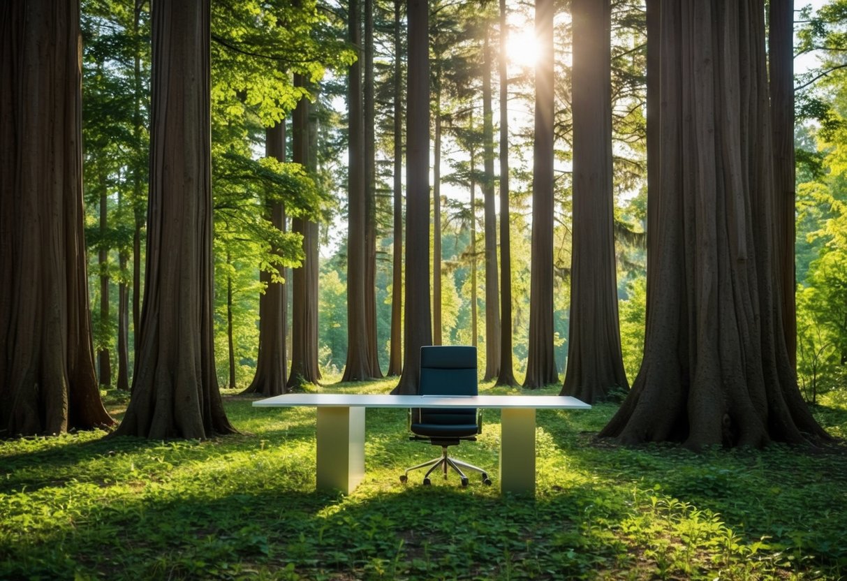 A serene forest clearing with a sleek, modern desk surrounded by tall, ancient trees and dappled sunlight filtering through the leaves