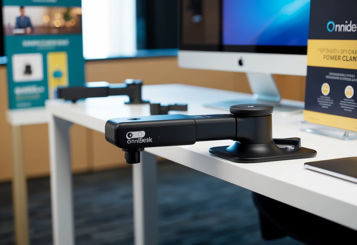 A sleek Omnidesk Power Clamp attached to a modern desk, with promotional materials displayed nearby