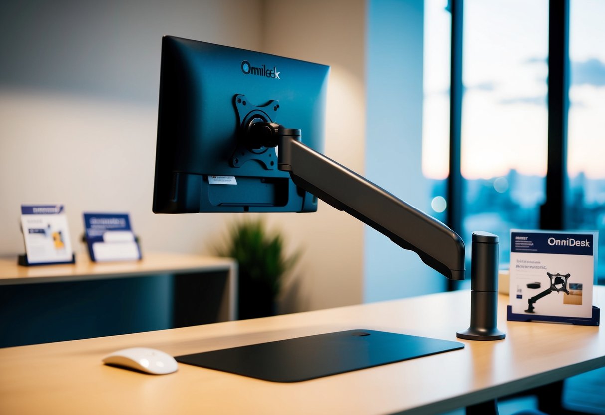 A sleek Omnidesk Monitor Arm attached to a modern desk, with promotional materials displayed nearby