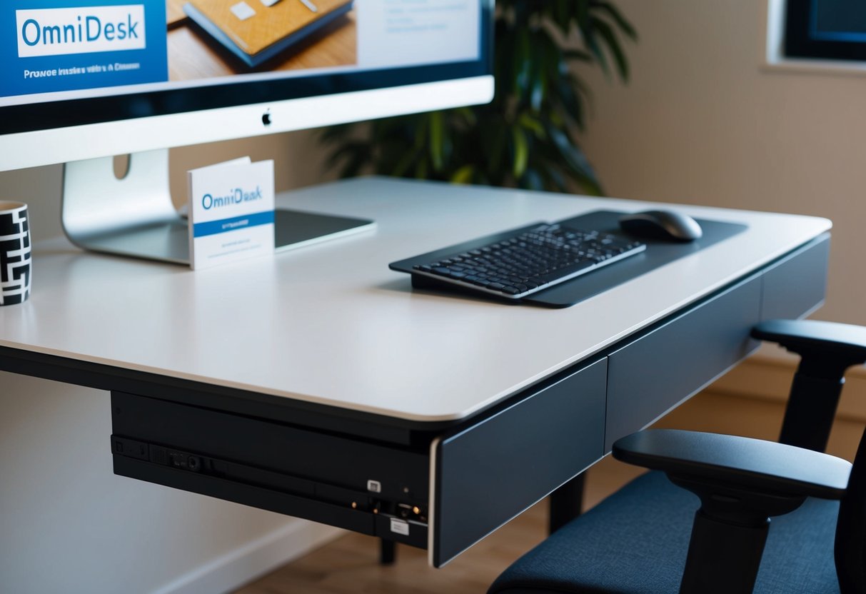 A sleek and modern desk with a built-in drawer add-on, featuring the Omnidesk logo and promotional materials