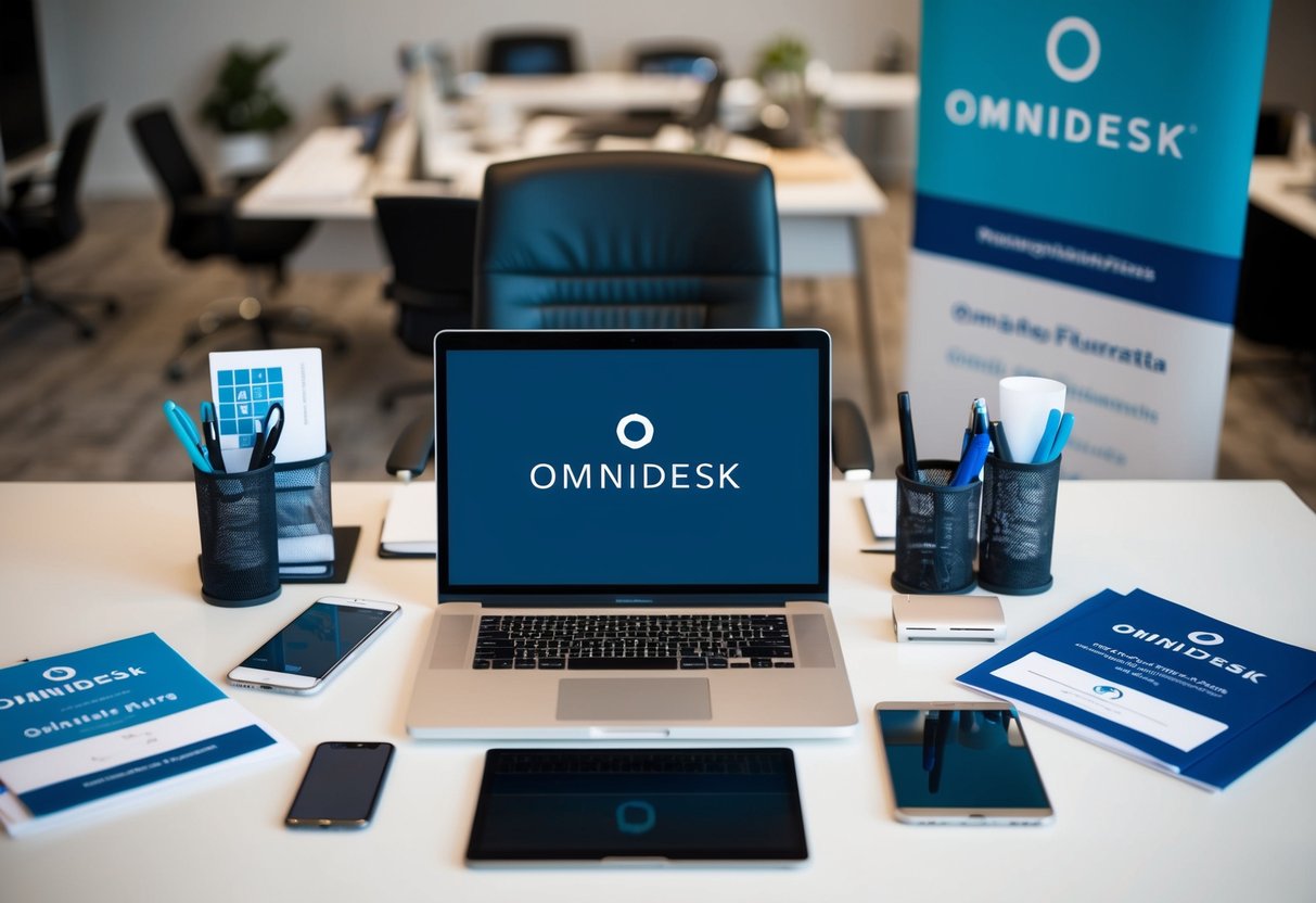 A sleek desk with various office supplies and a laptop, surrounded by promotional materials and a banner displaying the Omnidesk logo