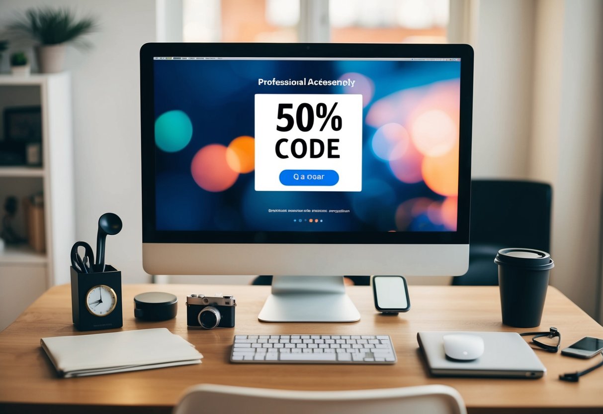 A desk with various accessories and a discount code displayed on a computer screen