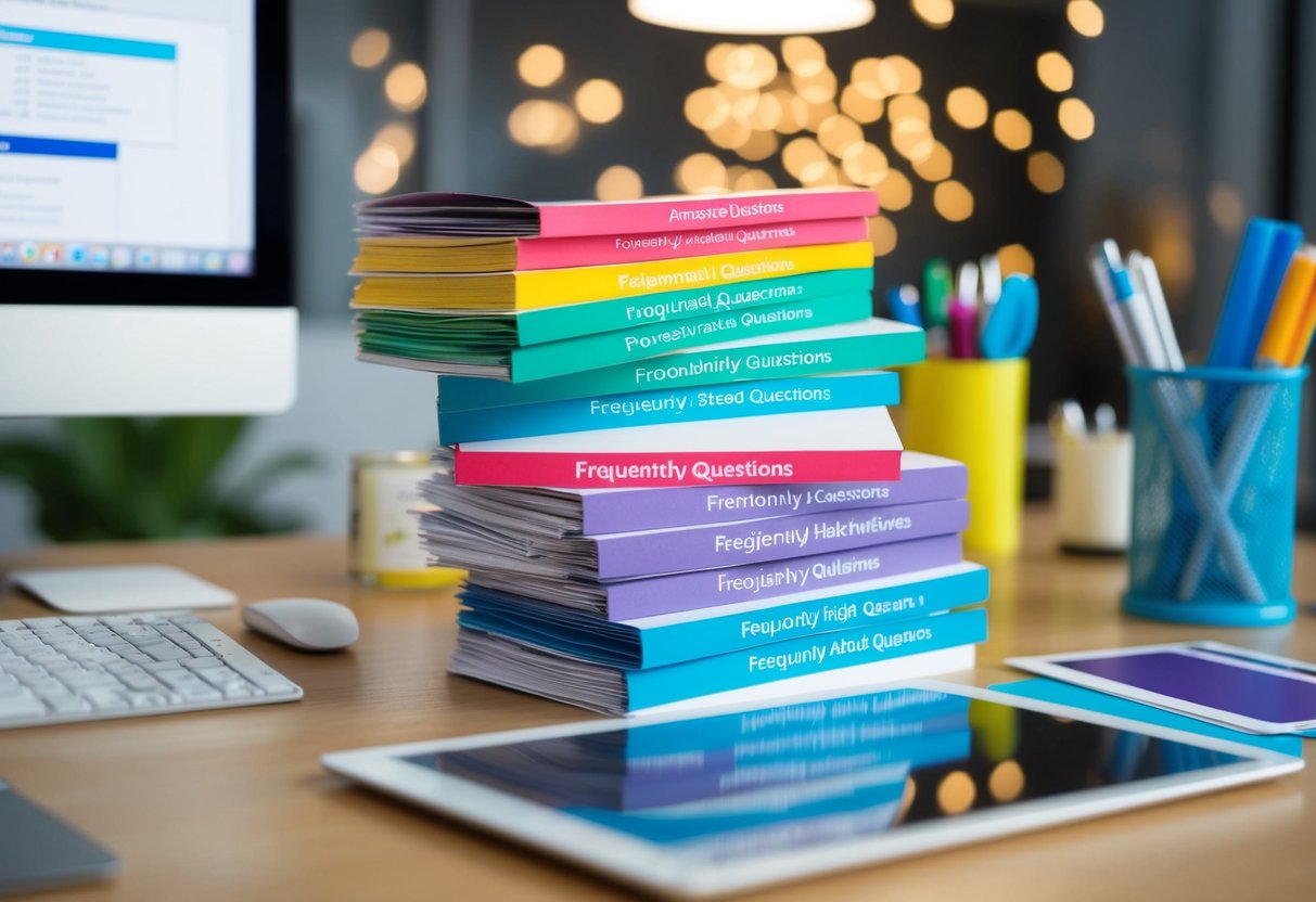 A stack of colorful promotional flyers with the "Frequently Asked Questions" heading, surrounded by office supplies and a modern desk