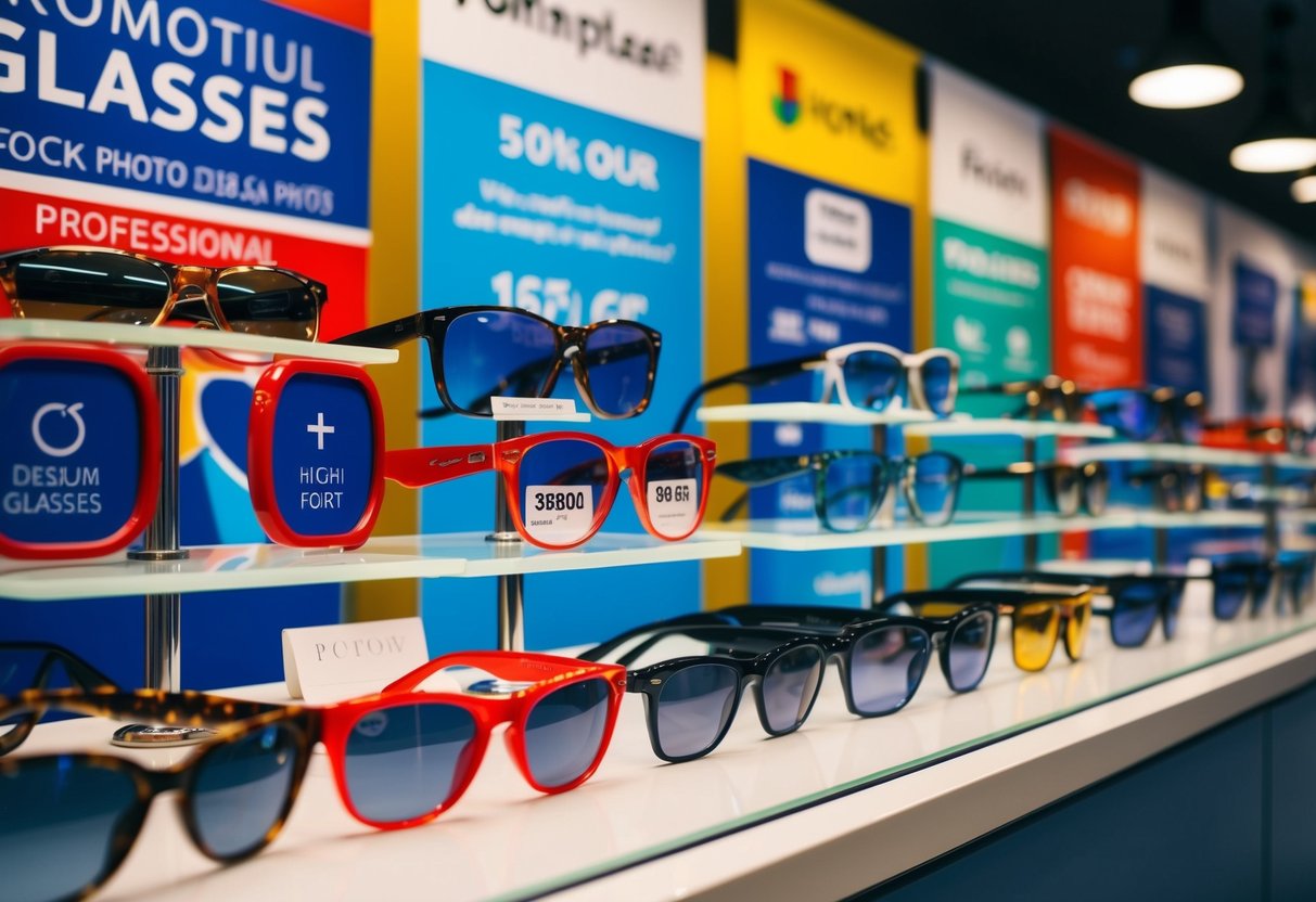 A colorful display of glasses and sunglasses with promotional signs and banners