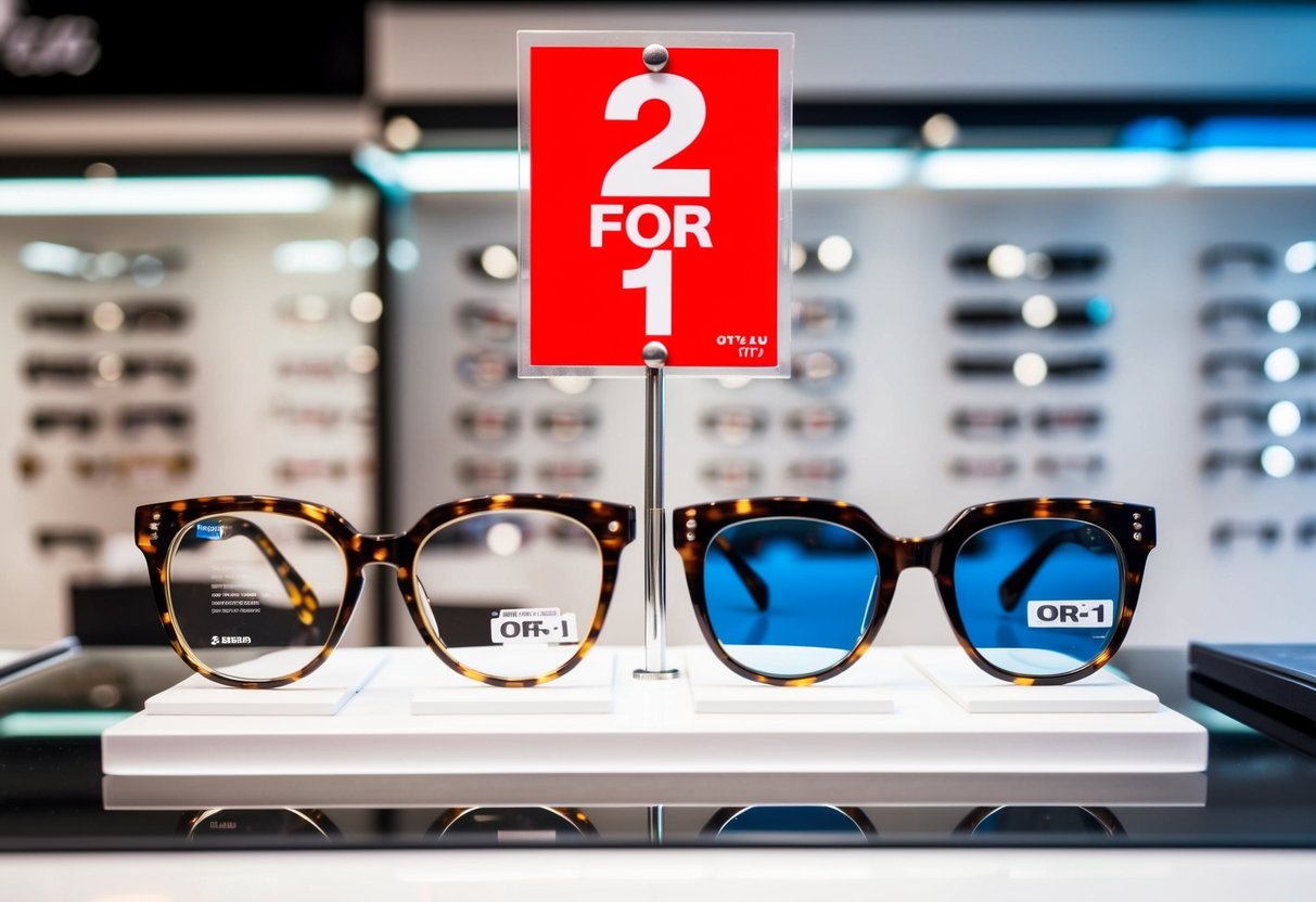A display of trendy designer frames with a prominent "2-for-1" promotion sign at an optical shop