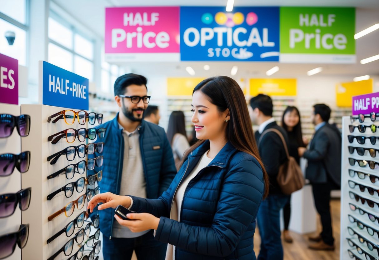 An optical shop with colorful signage, showcasing half-price lenses for the weekend promotion. Customers browsing through a variety of frames and lenses on display