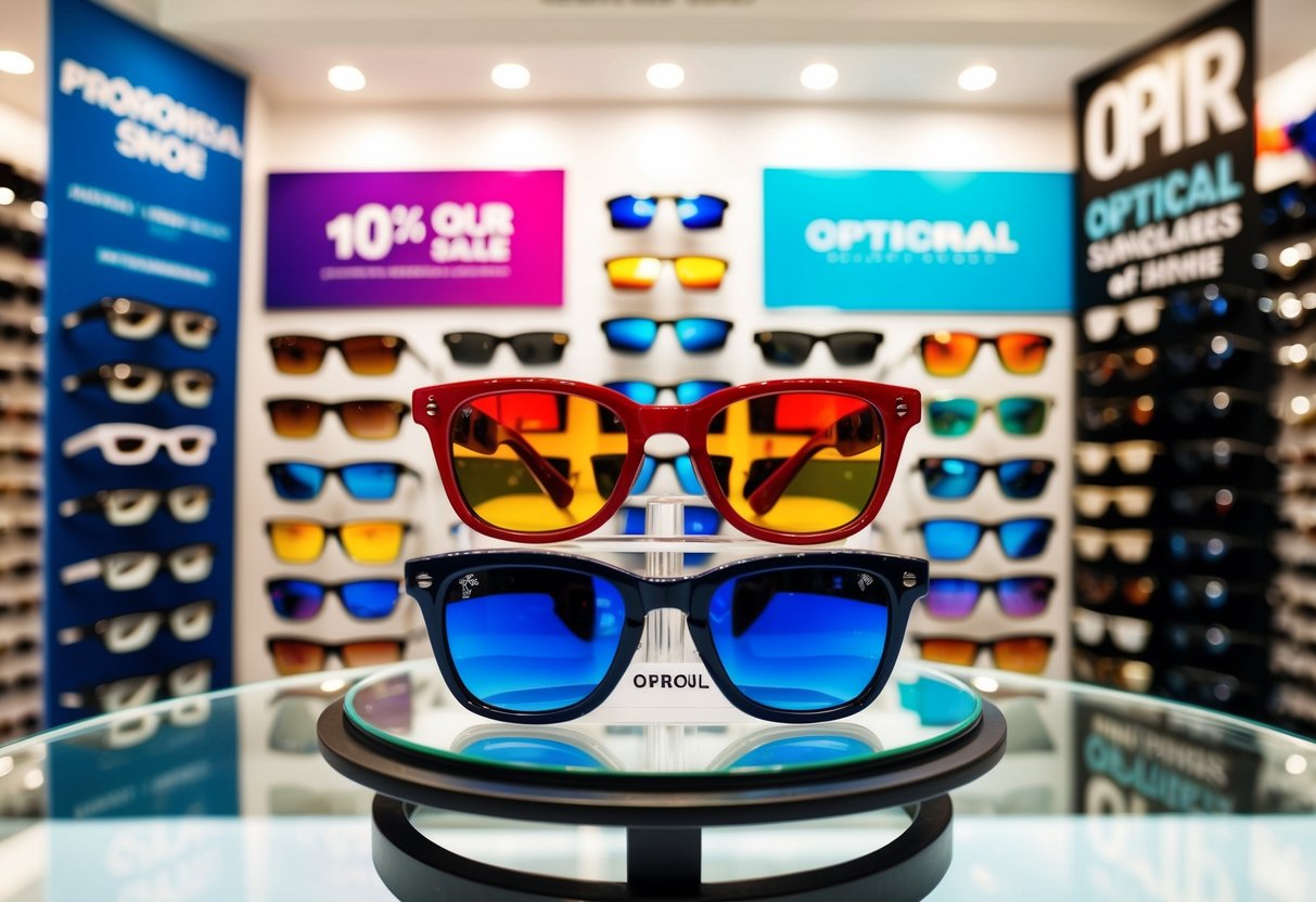 A display of colorful sunglasses on sale in an optical shop, with promotional signs and banners