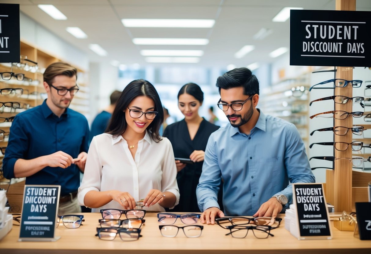 A bustling optical shop with signs promoting student discount days. Customers browsing frames while staff assist