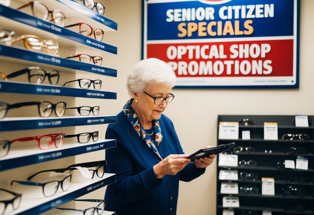 An elderly person browsing through a selection of eyeglasses displayed on shelves, while a sign advertises "Senior Citizen Specials" and "Optical Shop Promotions" in the background