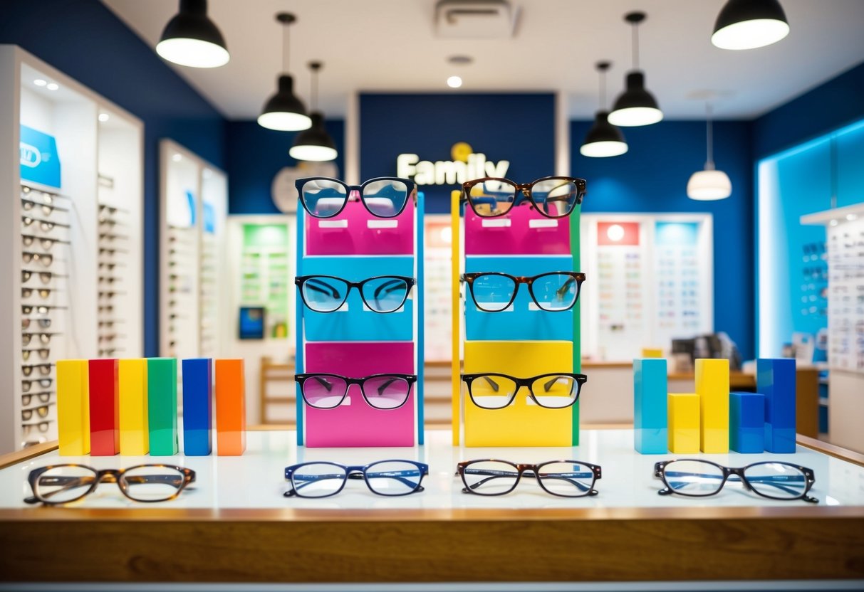 An optical shop with a family-friendly atmosphere, featuring colorful displays and a variety of eyewear options