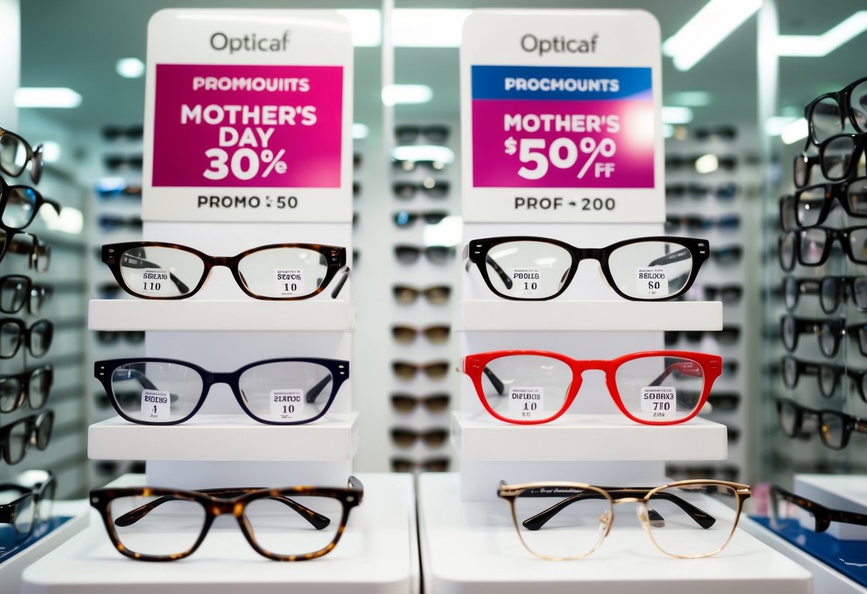 A display of stylish eyewear with Mother's Day promotions and discounts at an optical shop