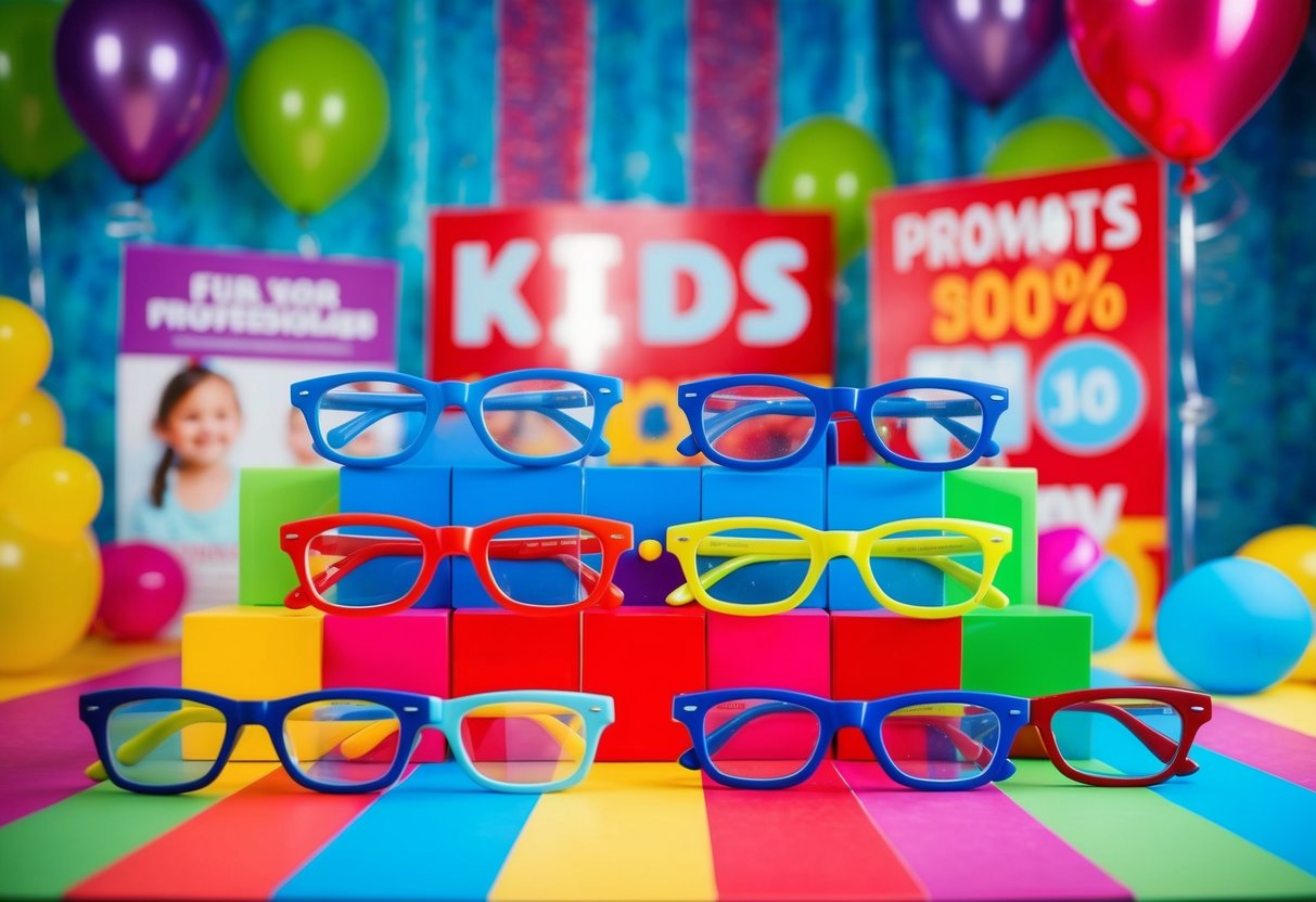 A colorful display of kids' glasses arranged on a vibrant backdrop with promotional signs and balloons