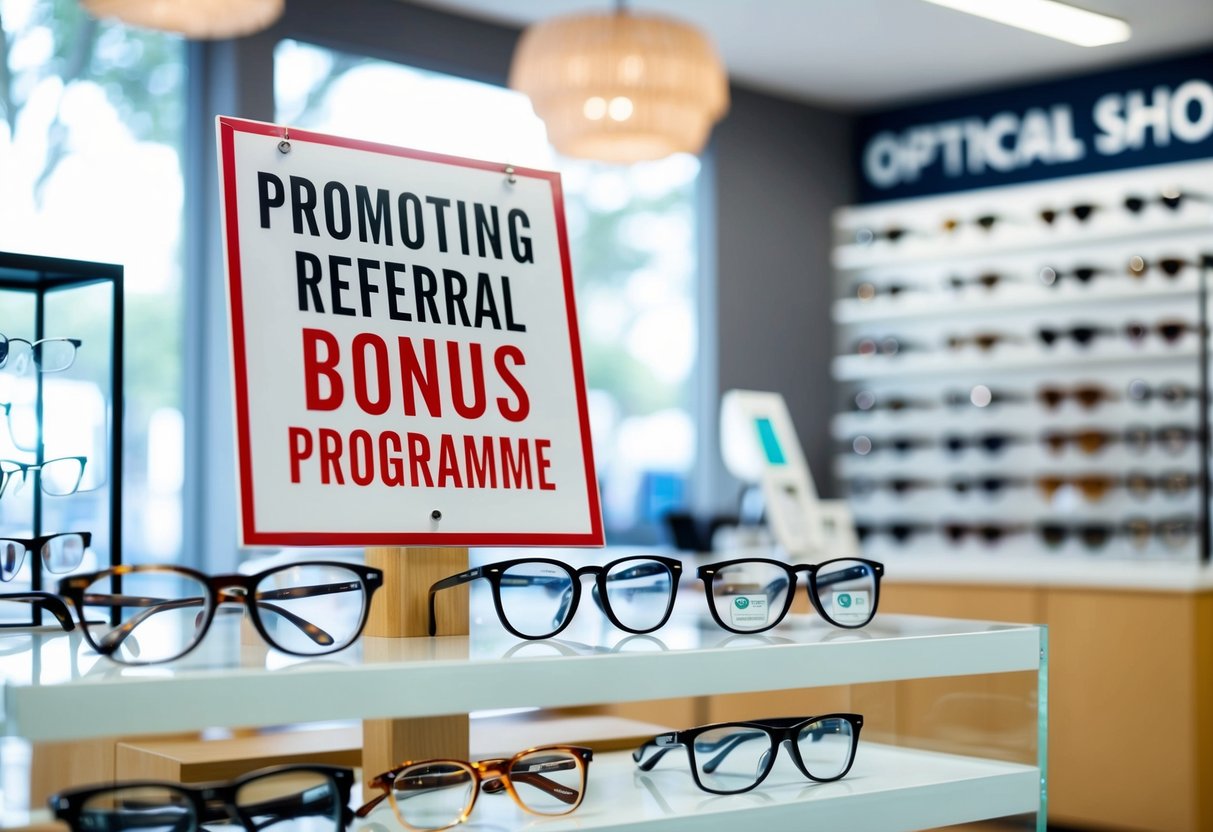 An optical shop with a sign promoting a referral bonus programme, showcasing various eyeglasses and frames on display