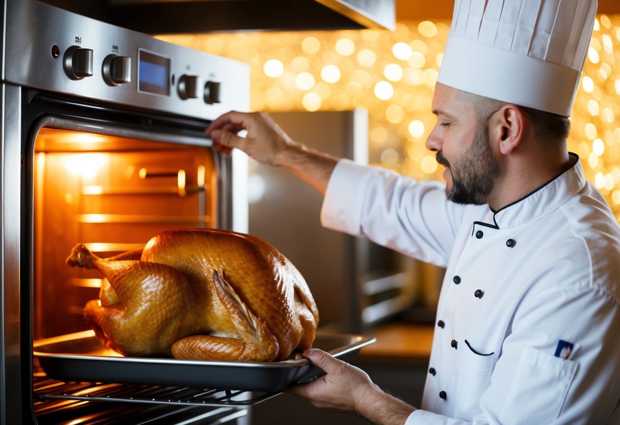 A chef placing a golden turkey into a gleaming oven
