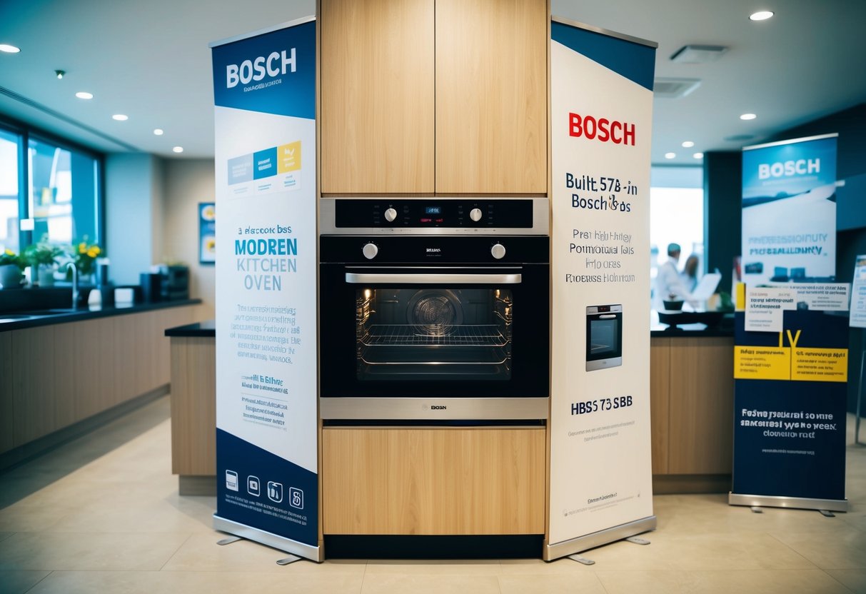 A sleek Bosch HBS573BS0B Built-In Oven surrounded by promotional banners and signs in a modern kitchen showroom