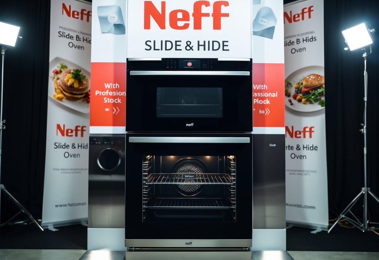 A sleek Neff B3ACE4HG0B Slide & Hide Oven surrounded by promotional banners and spotlights