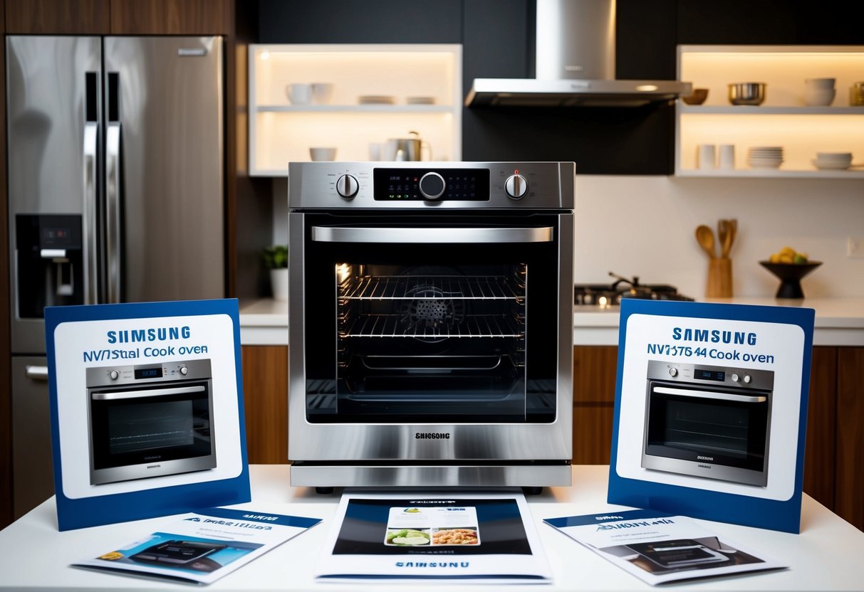 A modern kitchen with a Samsung NV75N5641RS Dual Cook Oven on display, surrounded by promotional materials