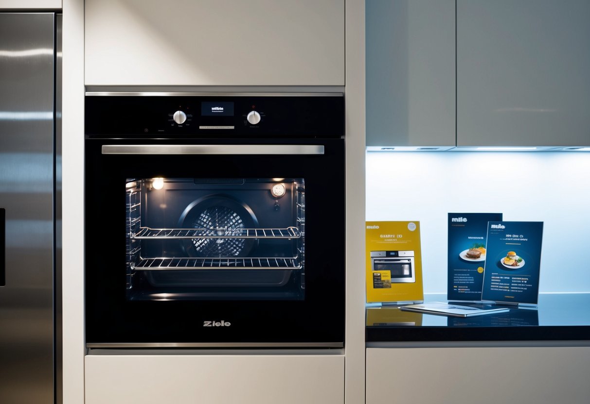 A sleek, modern kitchen with the Miele H2265-1B Built-In Oven as the focal point. Bright lighting highlights the oven's features, with promotional materials displayed nearby