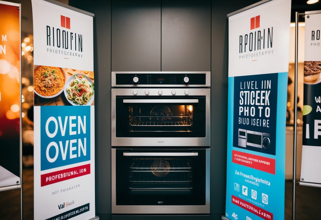 A sleek, modern built-in oven surrounded by promotional signage and banners