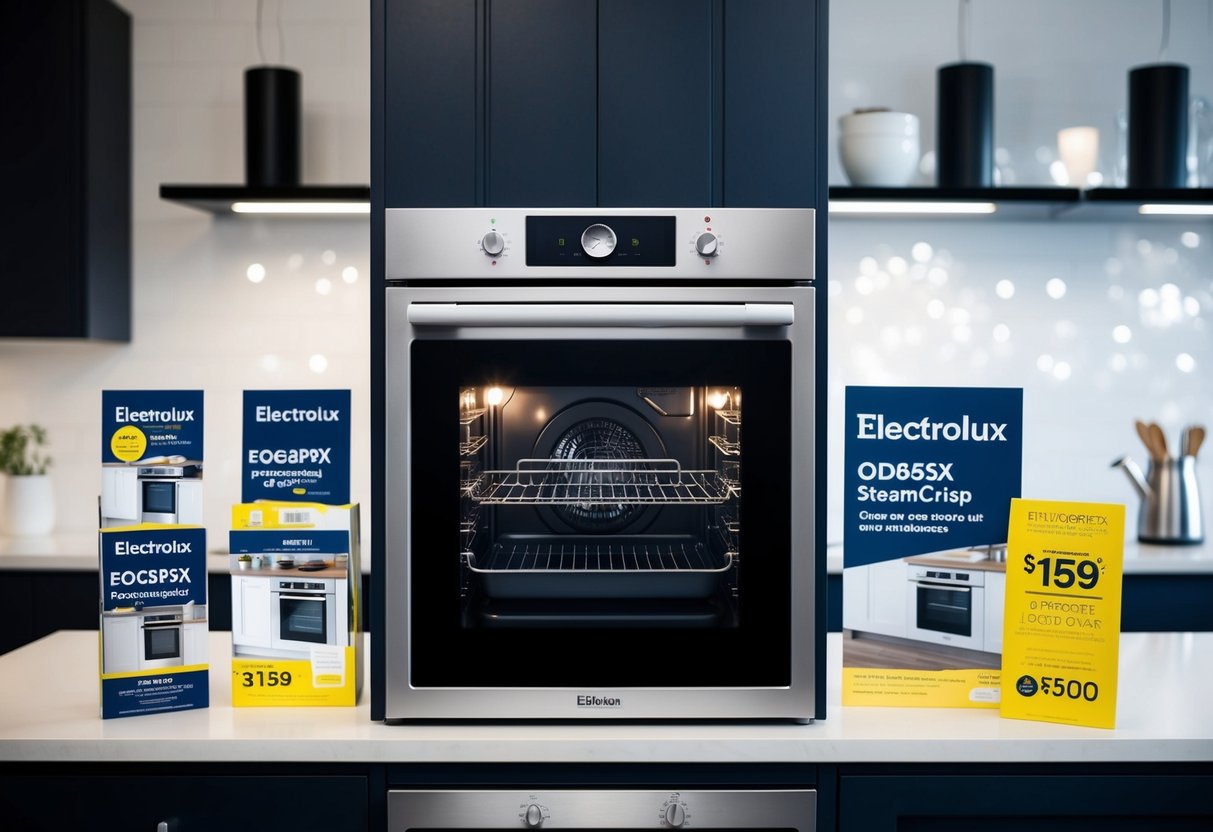 A modern kitchen with an Electrolux EOD6P65X SteamCrisp Oven featured prominently, surrounded by promotional materials and special offers