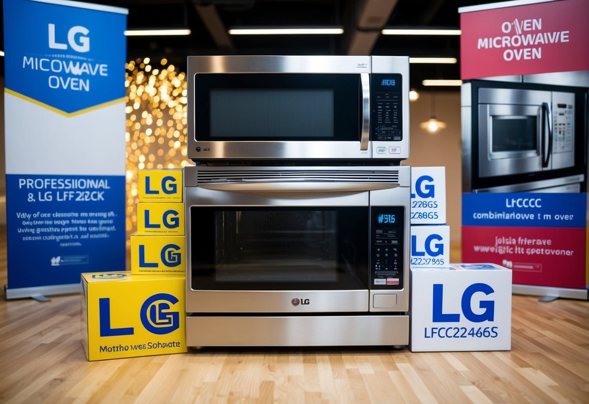 A sleek LG LFCC22426S combination microwave and oven surrounded by promotional banners and logos
