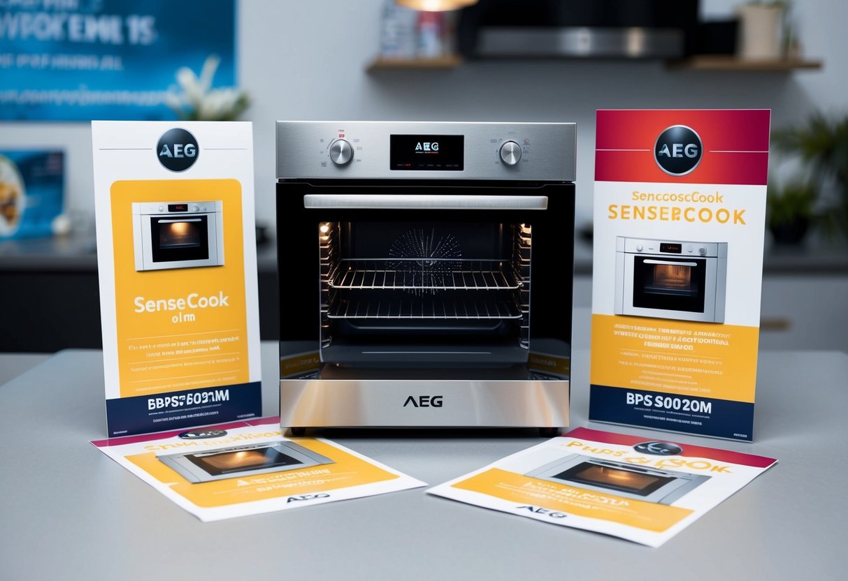 An AEG BPS556020M SenseCook Oven surrounded by promotional materials