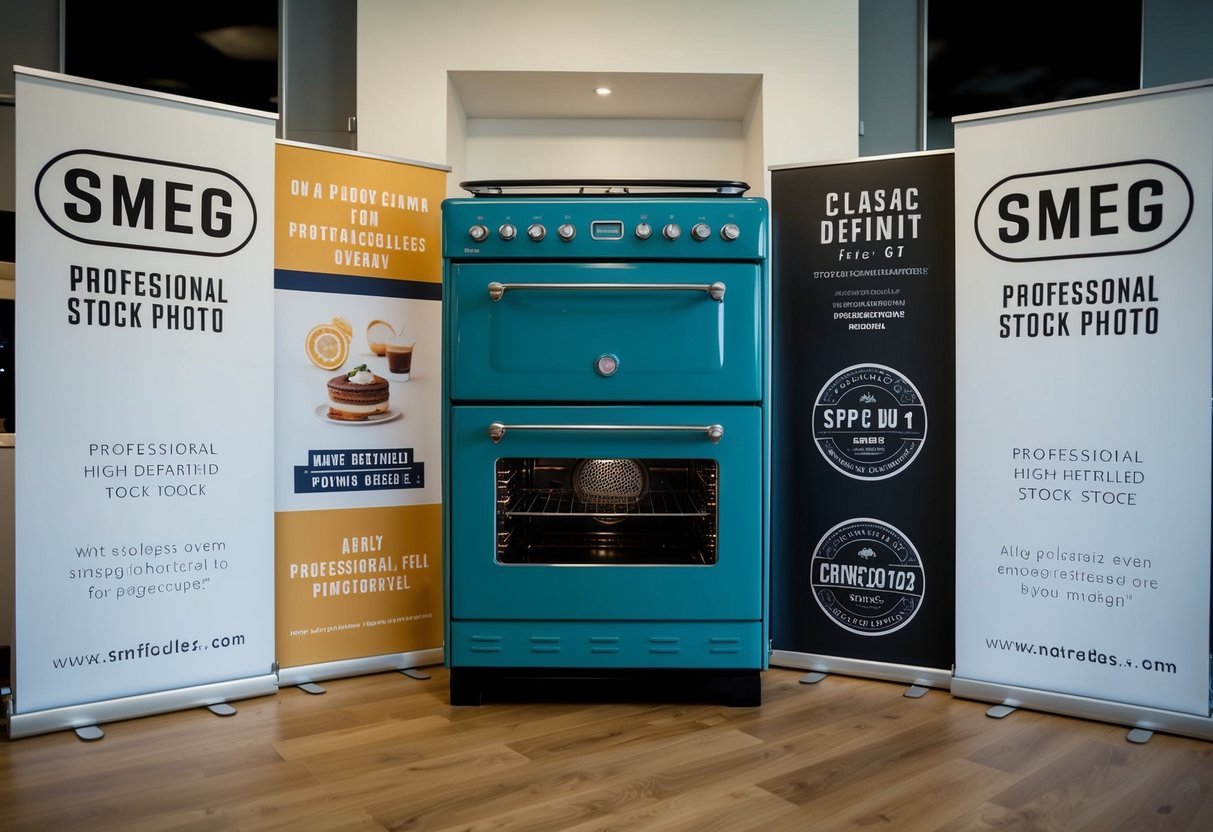 A sleek Smeg SFP6102TVS3 Classic Oven surrounded by promotional banners and signs