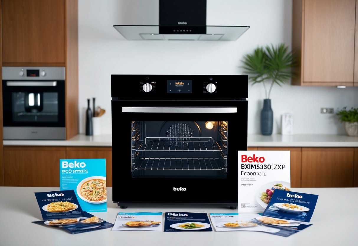 A modern kitchen with a Beko BXIM35300ZXP EcoSmart Oven prominently displayed, surrounded by promotional materials