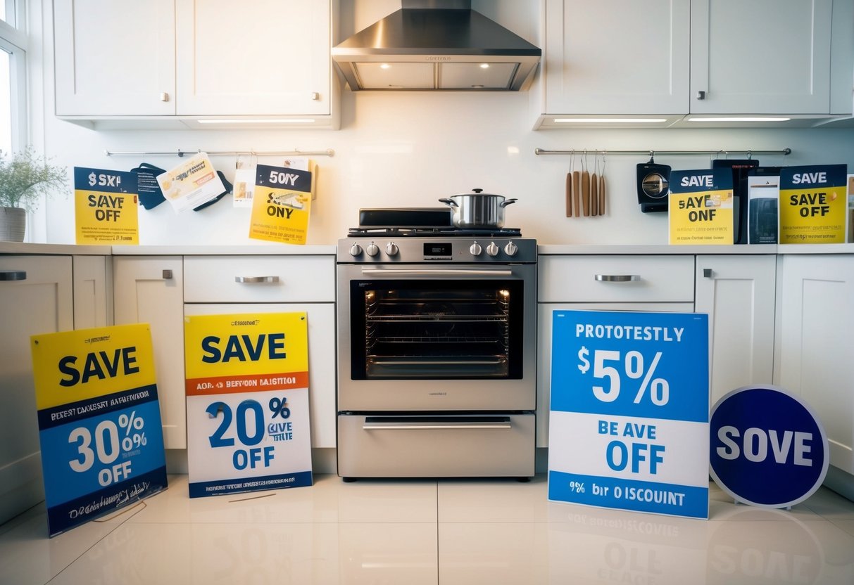 A brightly lit kitchen with a sleek, modern oven as the focal point, surrounded by various promotional materials and discount signs