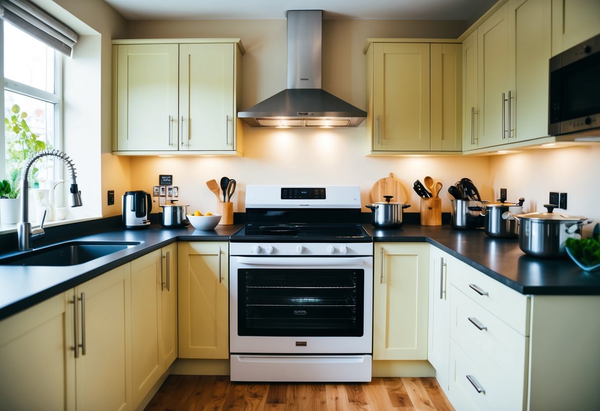 A brightly lit kitchen with a brand new oven prominently displayed, surrounded by various kitchen appliances and cookware