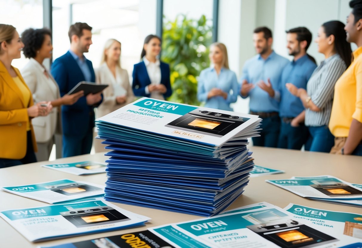 A stack of brochures and flyers featuring oven promotions, surrounded by a group of curious customers with questions