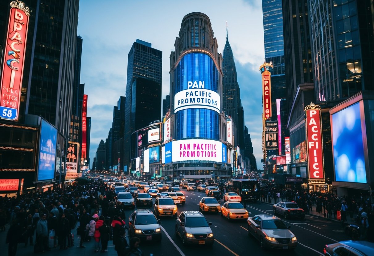 A bustling cityscape with neon lights, crowded streets, and towering skyscrapers advertising "Pan Pacific Promotions"