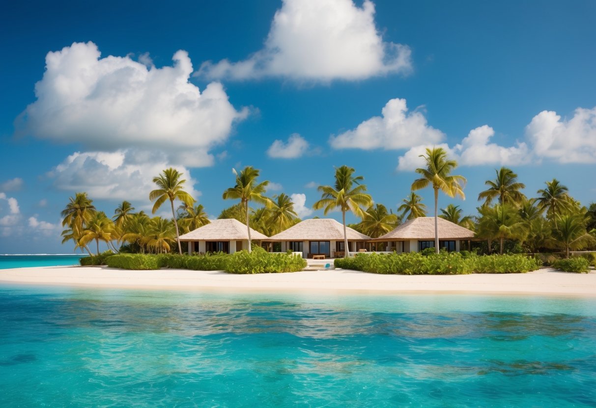 A tropical island with palm trees, crystal-clear waters, and luxurious beachfront villas