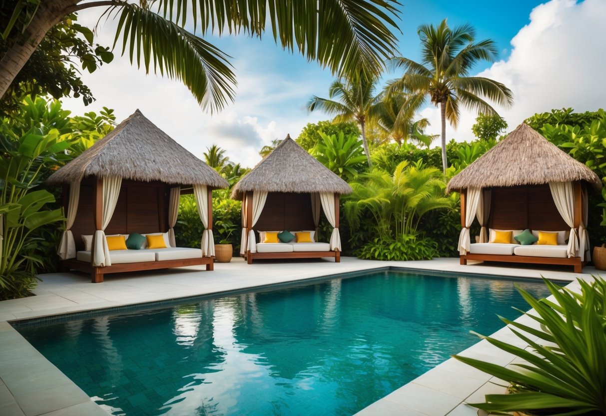 A tranquil spa with lush greenery, a serene pool, and cozy cabanas nestled in a tropical paradise