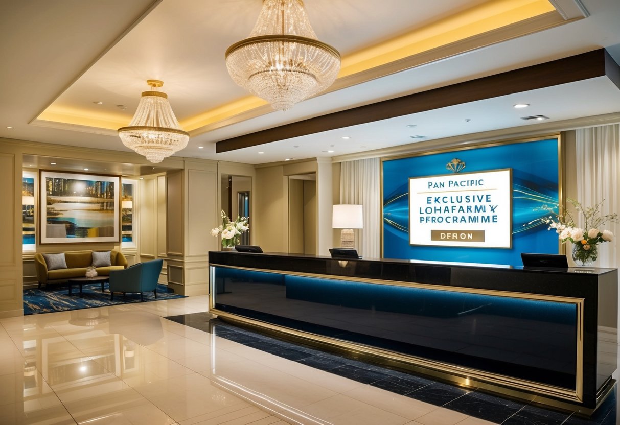 A luxurious hotel lobby adorned with elegant decor, featuring a sleek, modern counter displaying the Exclusive Loyalty Programme promotions for Pan Pacific