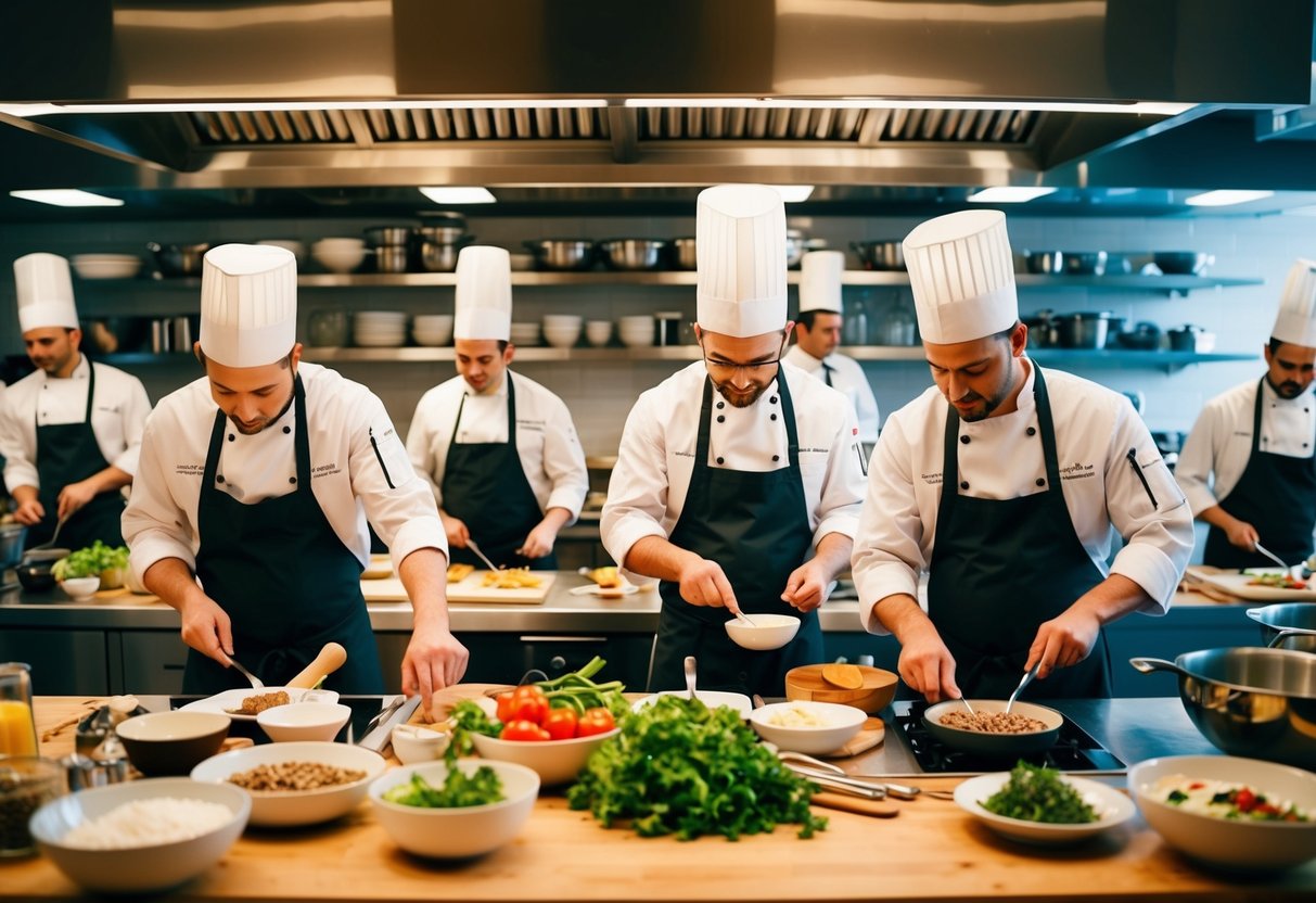 A bustling kitchen filled with chefs creating exquisite dishes for Culinary Journeys promotion. Ingredients and cooking utensils are scattered across the countertops