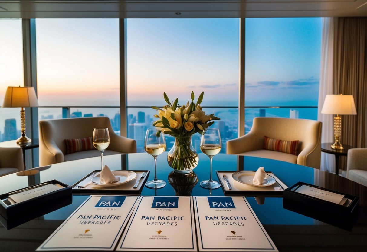 A luxurious VIP suite with panoramic views and elegant decor, featuring promotional materials for Pan Pacific upgrades