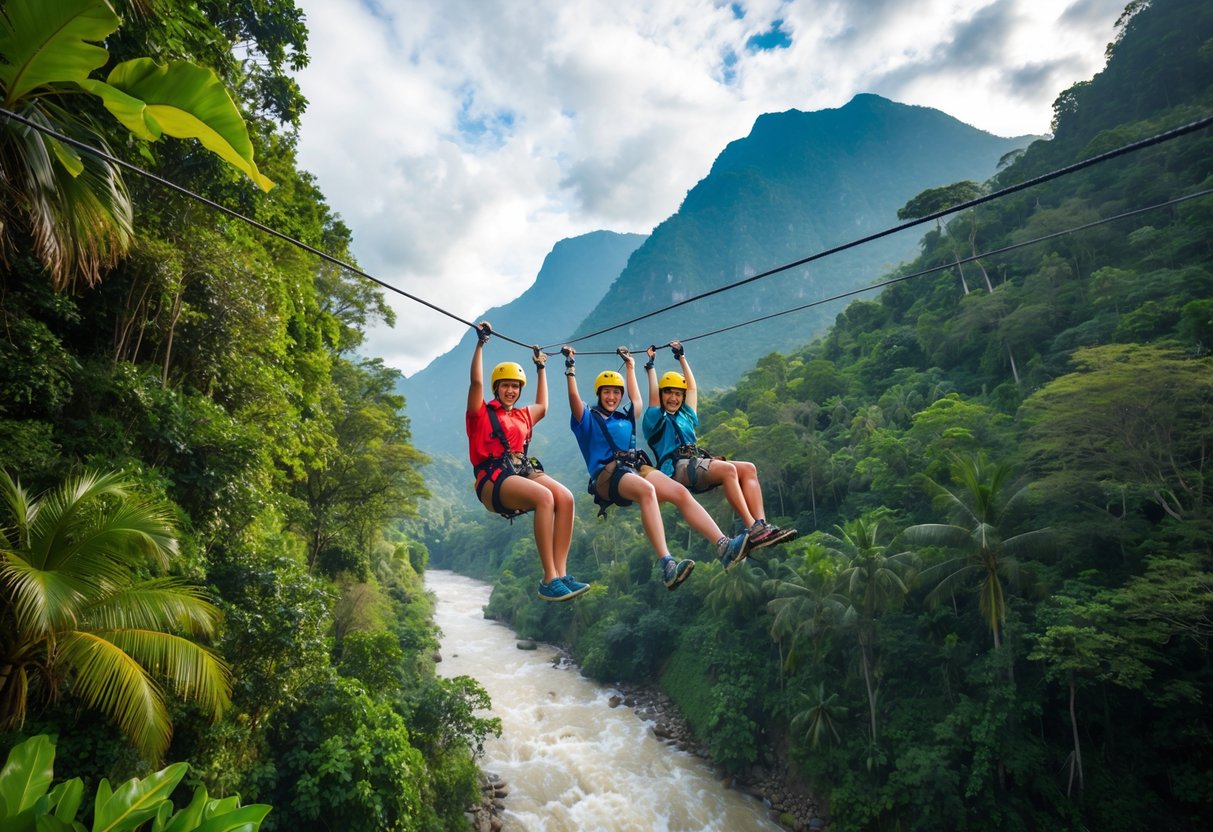 A group of thrill-seekers zip-lining through a dense jungle, with towering mountains in the background and a rushing river below