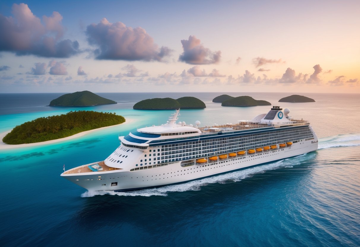 A luxurious cruise ship sailing through crystal clear waters with a panoramic view of tropical islands and a stunning sunset on the horizon